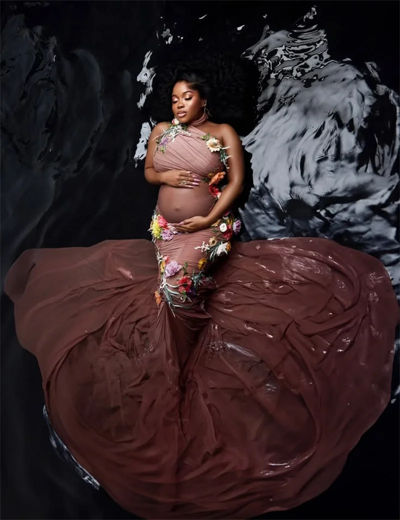 Luxury Brown Woman Wedding Sleepwear Maternity Prom Dress 3D Flower Pregnancy Bridal Robes Evening Gown Autumn Fall Customized
