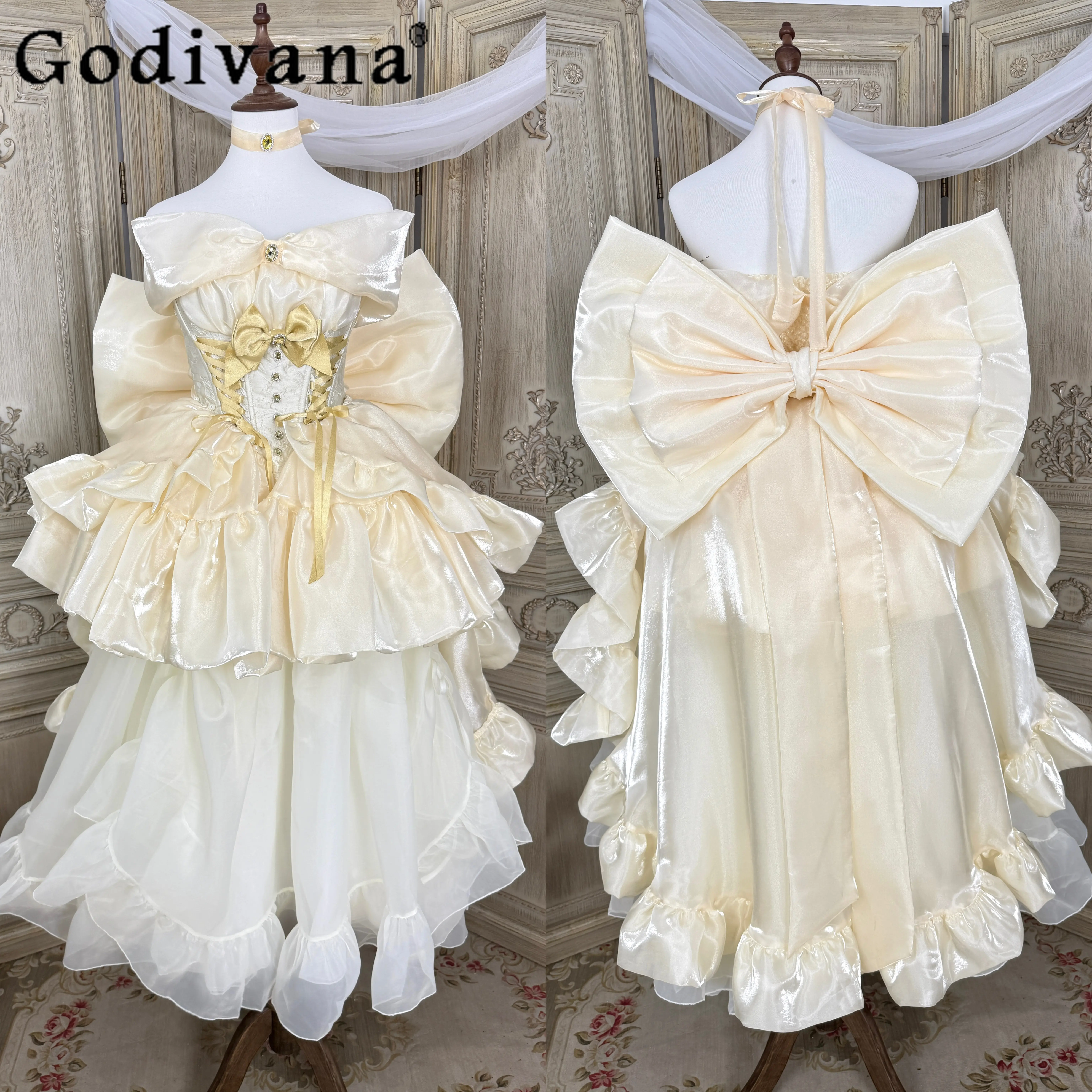 

Gold Lolita Dress for Women Sweet Elegant Big Bow Train High-end Ball Gown Evening Dress Princess Birthday Party Dress Vestido
