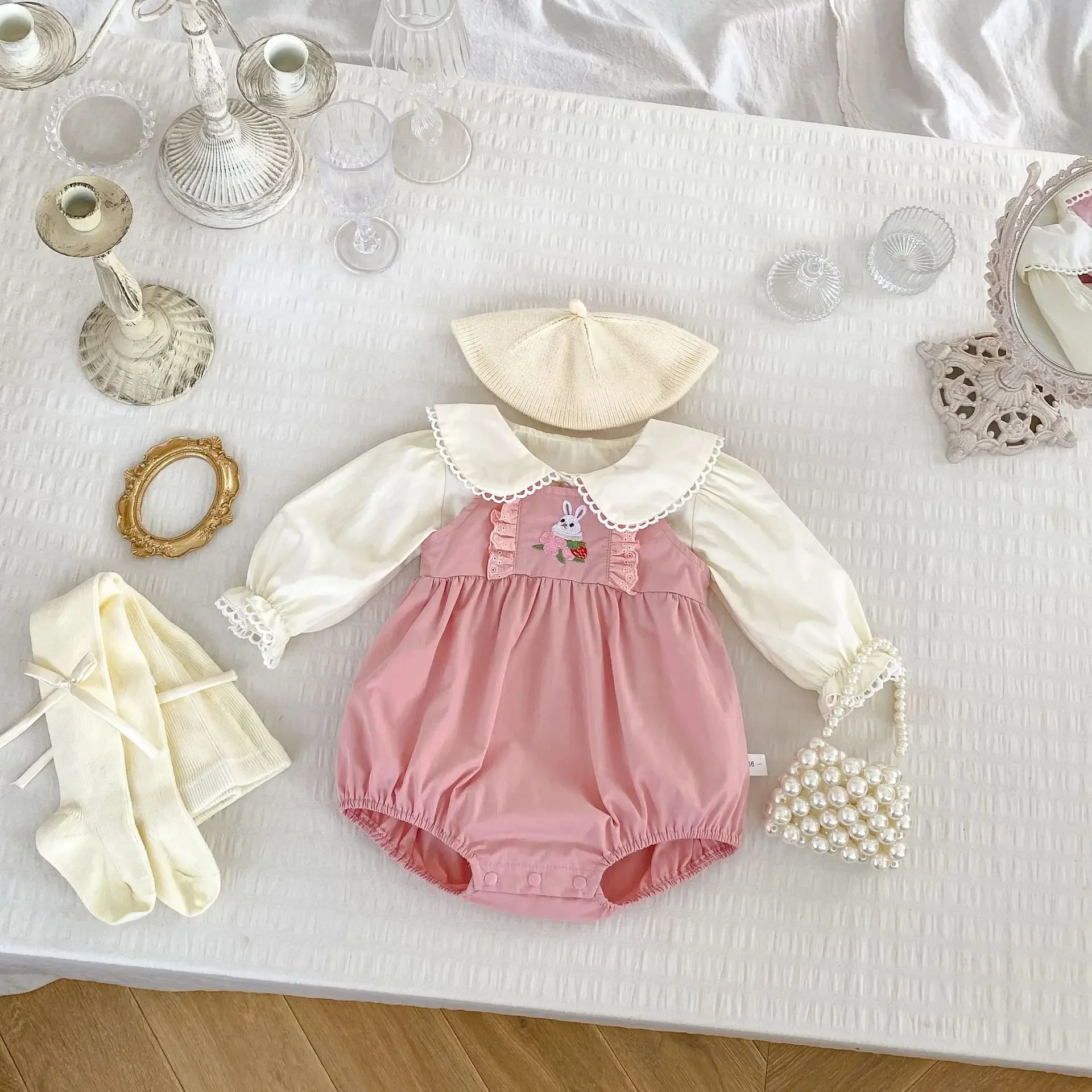 2025 Spring Baby Clothes Cute Bunny Embroidery Infant Girls Straps Bodysuit Toddler Suspenders One Piece Optional Doll Shirt