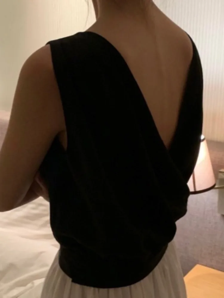 Ele Bal V-Ne Pleated Loose Svel Vest irt Chic Summer Cross Design Breathable Comfortable Women's Top