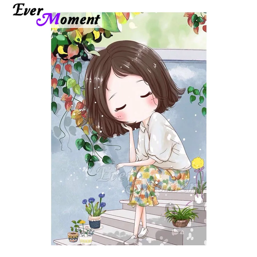 

Ever Moment Diamond Painting Picture Of Rhinestone Girl Sitting on Stair Square Drill Diamond Embroidery Mosaic ASF1825