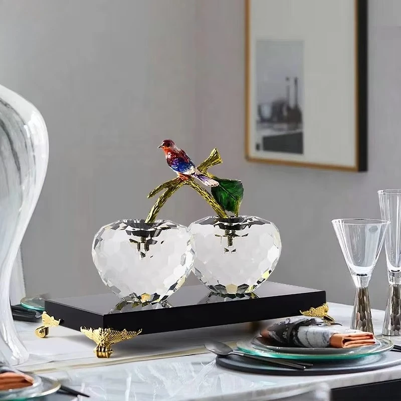&c  Double Clear Crystal Apple Ornaments Exquisite Handmade Enamel Magpie Bird Desktop Decoration for Office Home Bedroom