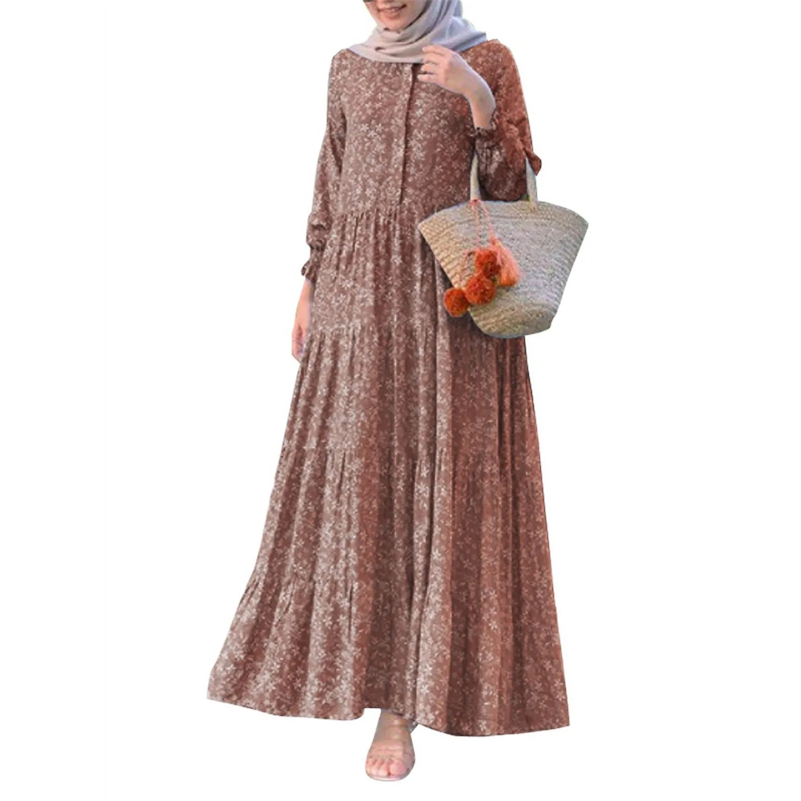 

Muslim Dresses For Women Long Sleeve Round Neck Floral Printed Maxi Dresses Loose Causal All-Match Big Swing Dresses Plus Size