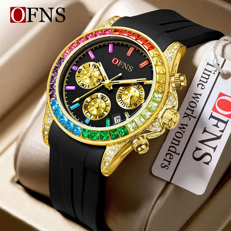 

OFNS1579 Rainbow Diamond Chronometer Men's Watch Six Pin Quartz Movement Waterproof Calendar Night Light Luxury Women's Watch