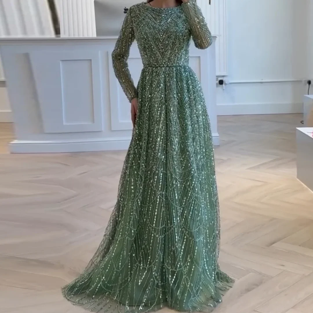 Luxury A-Line Long Sleeves Beads Formal Prom Wedding Party Gown for Women Elegant Muslim Pearls Evening Dress 2025 Customized