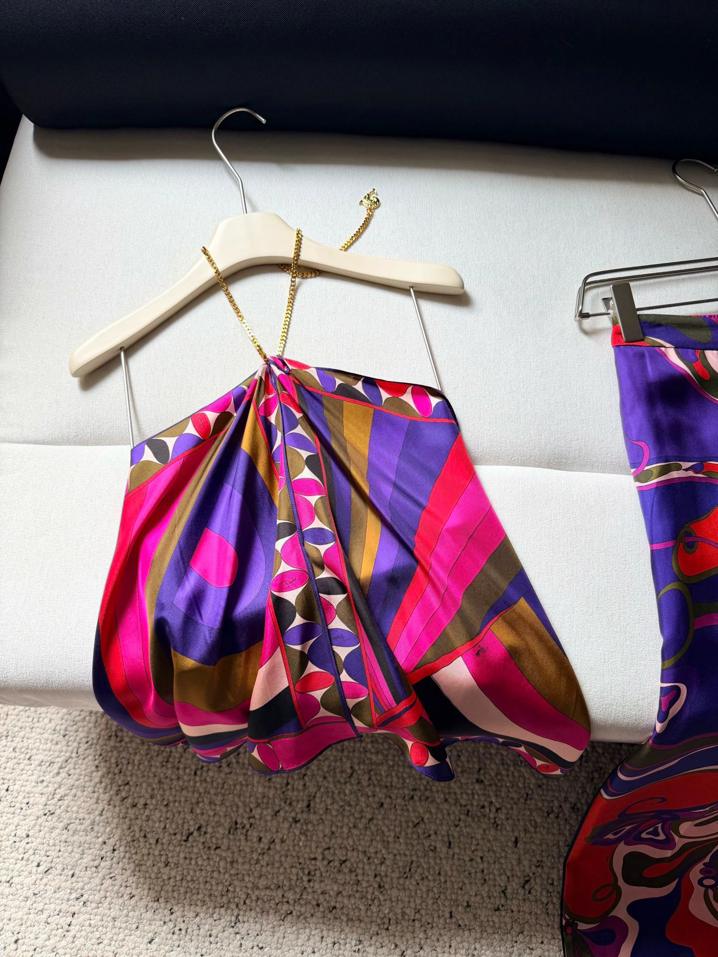 

100% Real Silk Y2K Purple Pink Abstract Print Halter Top Elegant Gold Chain Strap Sleeveless Blouse For Beach Vacation Sexy Chic