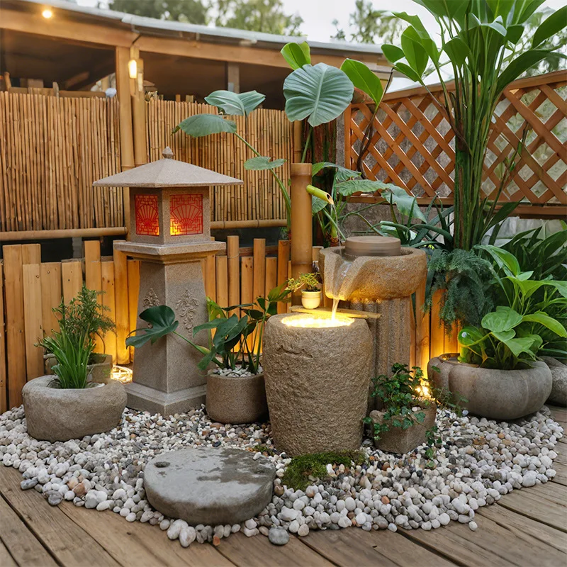 Garden water ornaments, Japanese garden stone grinding water system landscape indoor and outdoor balcony fish pond