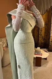 Elegant Sage Green One-Shoulder Fishtail Ankle Dress Women's Lace Long Sleeve Beaded Embellished Formal Evening Party Customized