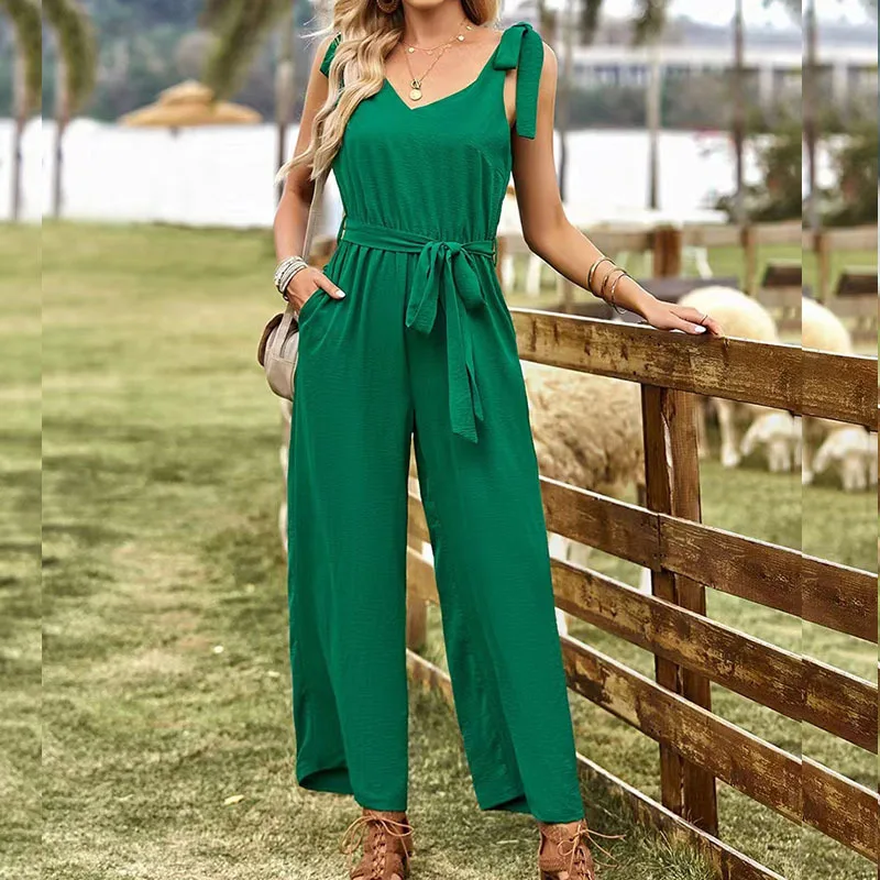 Cotton Linen Sleeveless Women Jumpsuit Summer Causal Solid V-Neck Drawstring Waist Straight Leg Jumpsuits