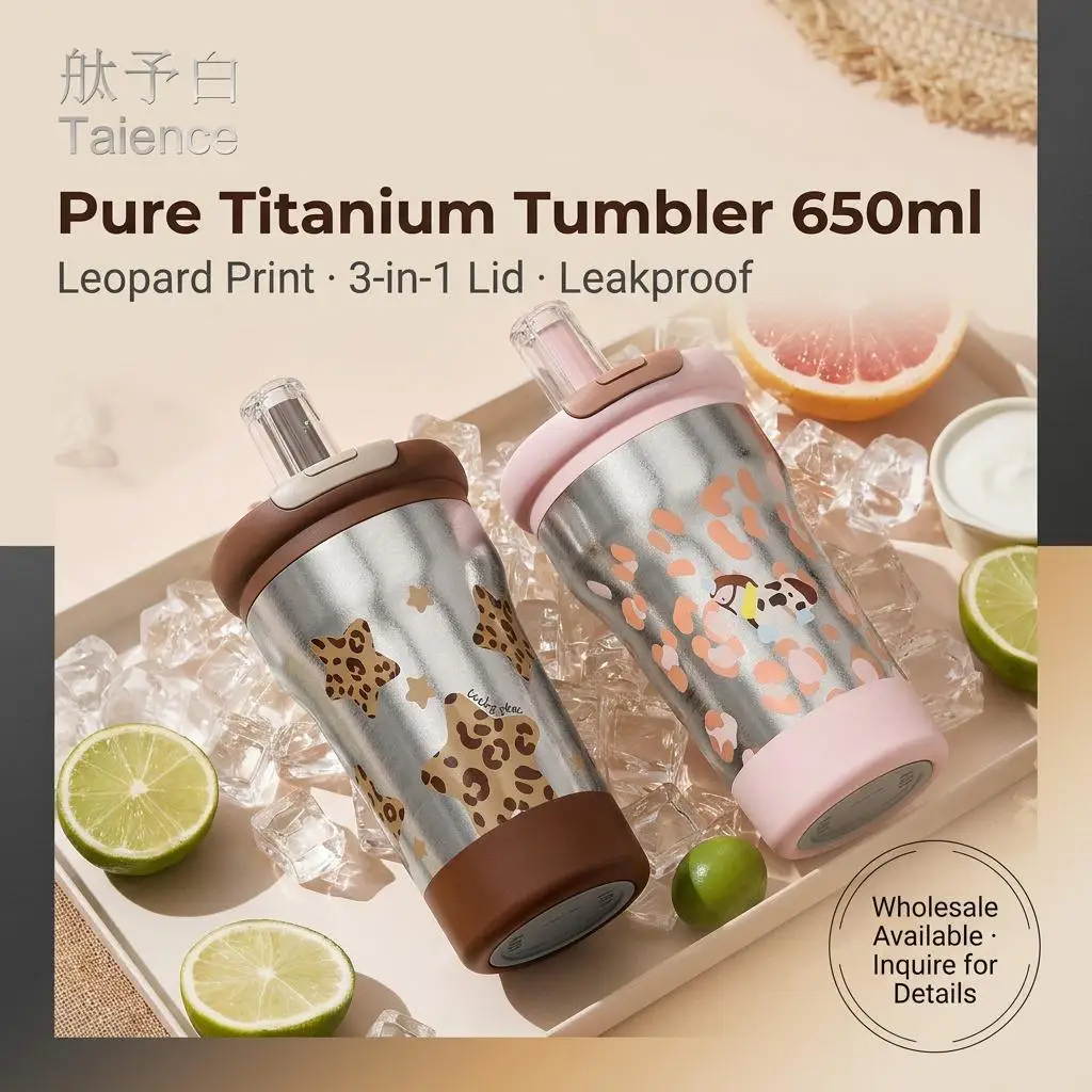 Taience Titanium Tumbler 650ml Insulated Cup with 3 in 1 Lid Straw Leak Proof Lightweight Leopard Print for Travel Gift