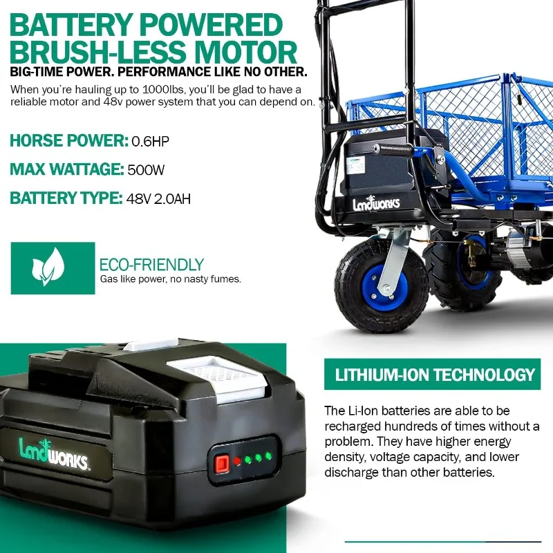 Utility Service Cart Wheelbarrow Power Wagon Super Duty Electric 48V DC Li-Ion Battery Powered 500 lbs Load & 1000+ lbs