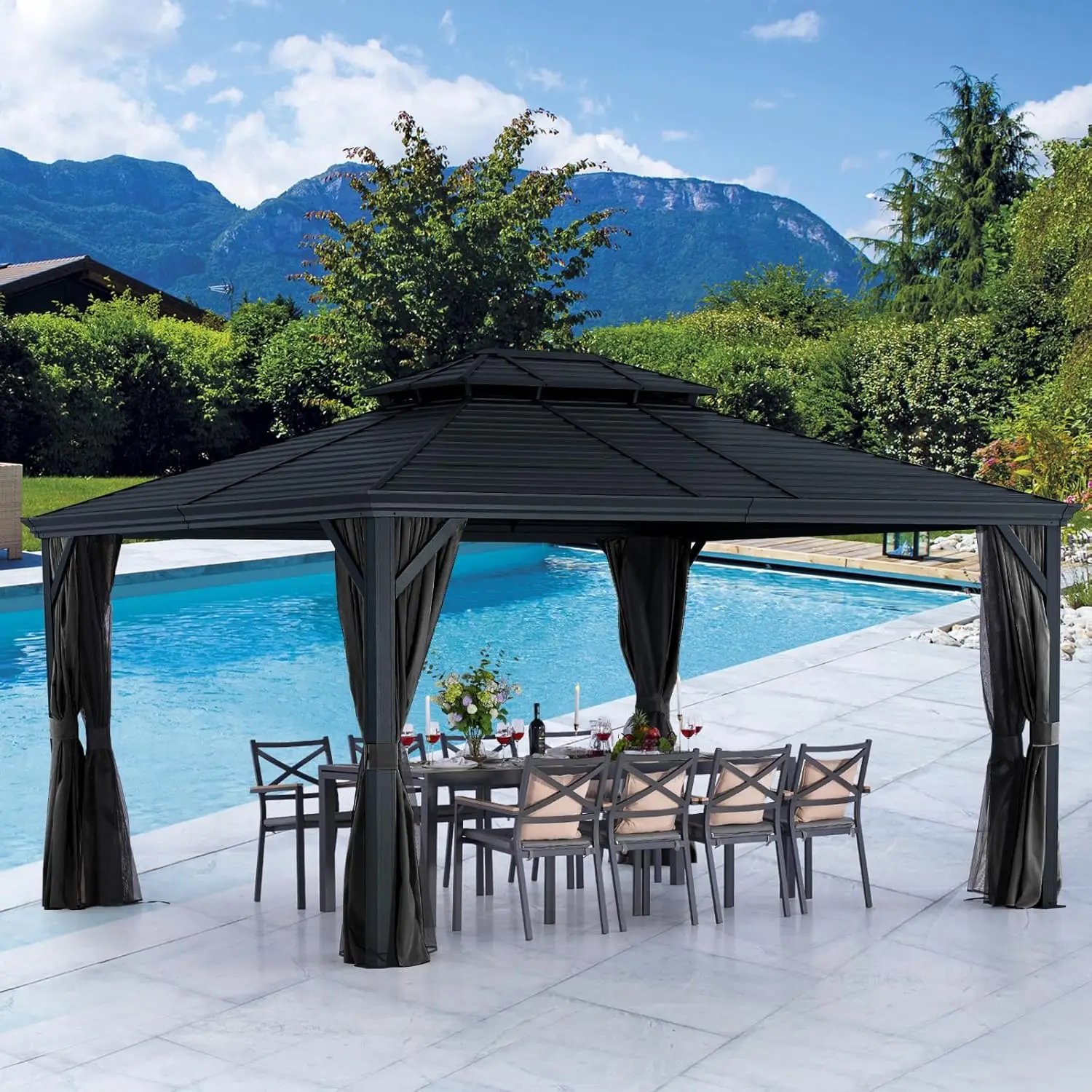 

12' X 14' Hardtop Gazebo, Permanent Aluminum Metal Canopy with Galvanized Steel Double Roof, for Patio Lawn, Customized