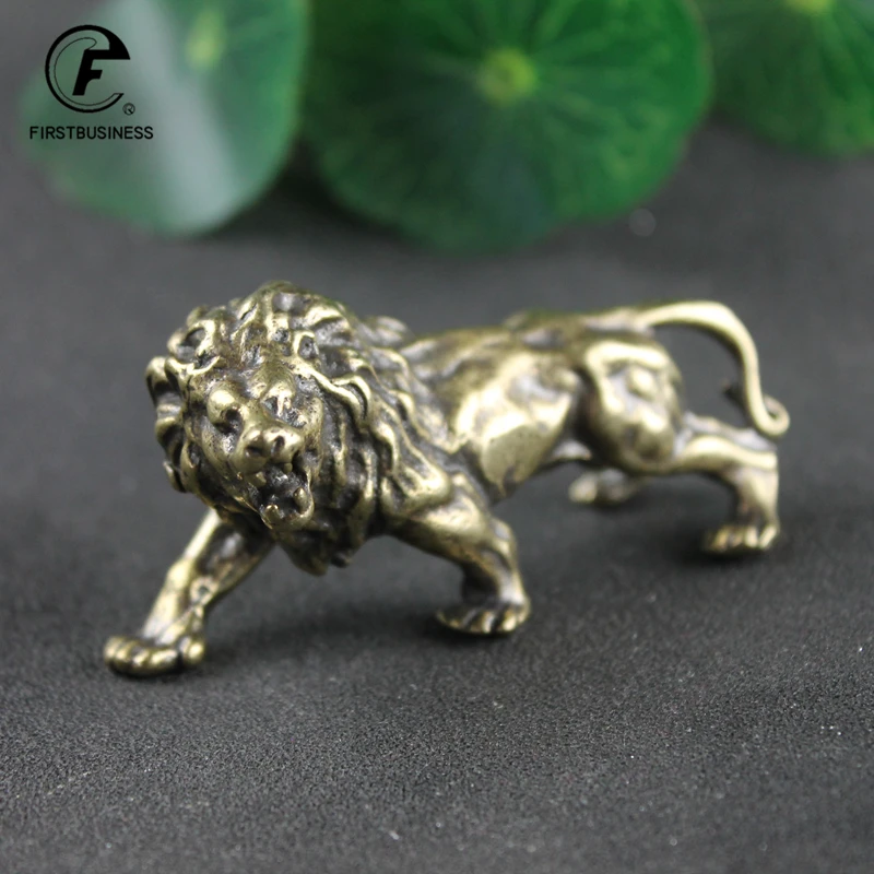 Antique Bronze Male Lion King Statue Small Ornaments Solid Copper Mountain Lions Miniature Figures Brass Sculpture Crafts Decor