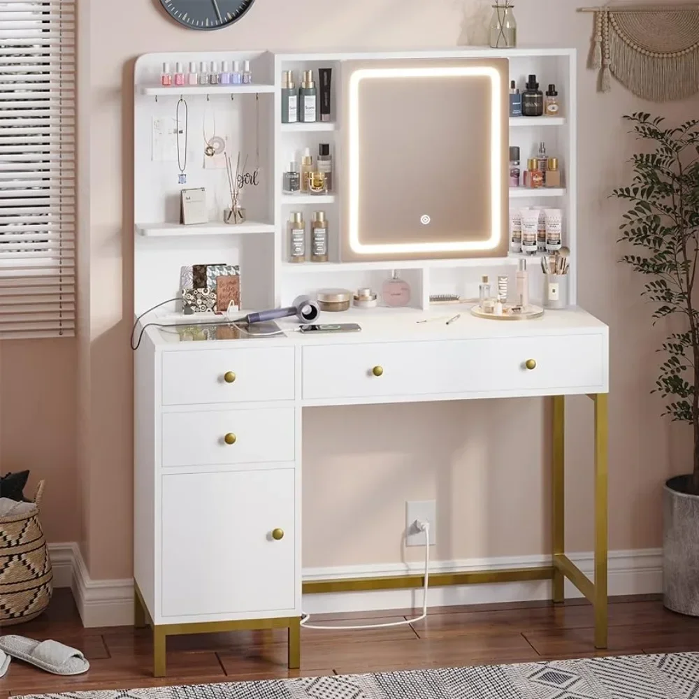 

The Dressing Table Comes with Lights in 3 Colors, The Dressing Table Has Visible Drawers, Hidden and Open Storage Shelves