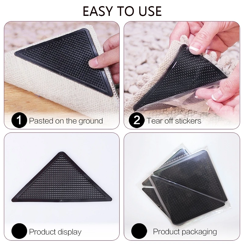 4Pcs/set Triangle Washable Reusable Rug Gripper Anti-skid Rubber Mat Non Slip Patch Tape for Tile Floors Carpets Corners Pad