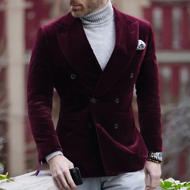 Double Breasted Burgundy Velvet Blazer for Men Slim Fit Men Suit Jacket Smoking Jacket 1 Piece Italian Style Fashion Coat