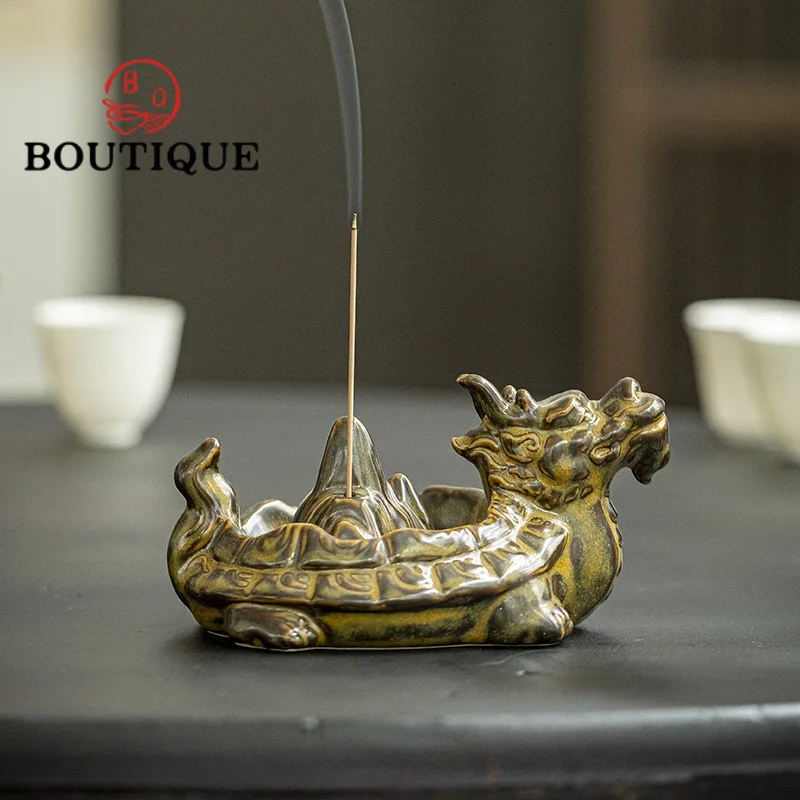 Zen Dragon Turtle Ceramic Incense Holder Japanese Water Fountain Decoration Scented Aromatic Candles Green Tea Cha Ornaments