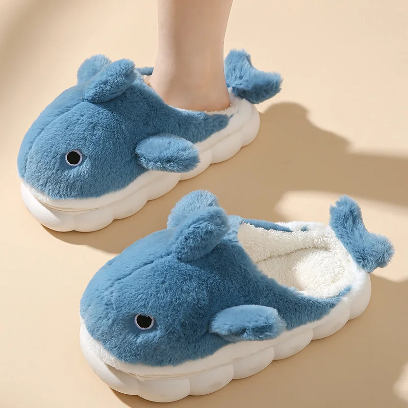 Cute Whale Cotton Slippers for Women in Winter Indoor Home Furnishings for Men in Winter Cartoon Hairy Slippers