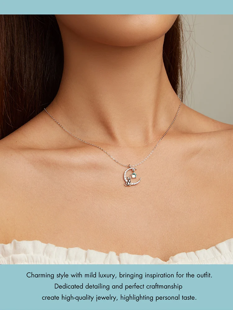 WOSTU 925 Sterling Silver Cute Cat Moon Pendant Necklace For Women, reamy Moonstone Zircon Charm Necklaces Special Gift For Her
