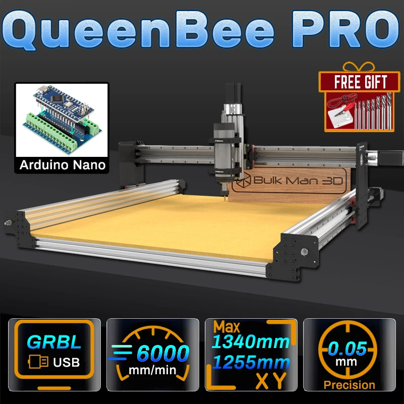 BulkMan3D QueenBee PRO CNC 4-Axis Engraver Full Kit Arduino Nano GRBL Dual Linear Rails CNC Machine for Wood Metal Acrylic Cut