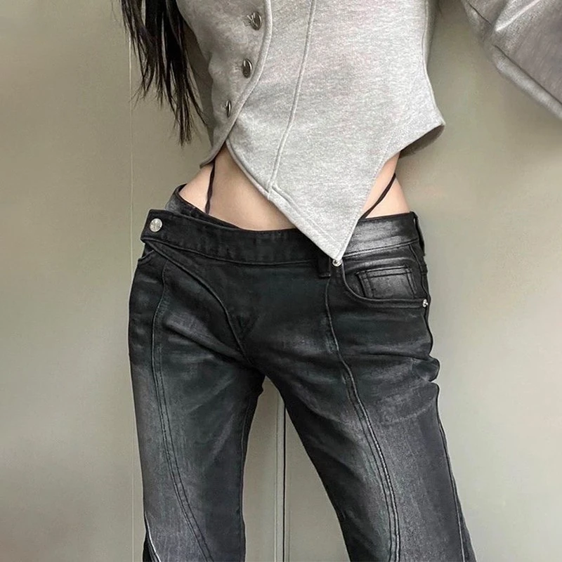 New Vintage Distressed Low Waist Jeans Grunge Asymmetrical Waist Denim Pant Korean Fashion Black Flare Jeans Kpop Streetwear