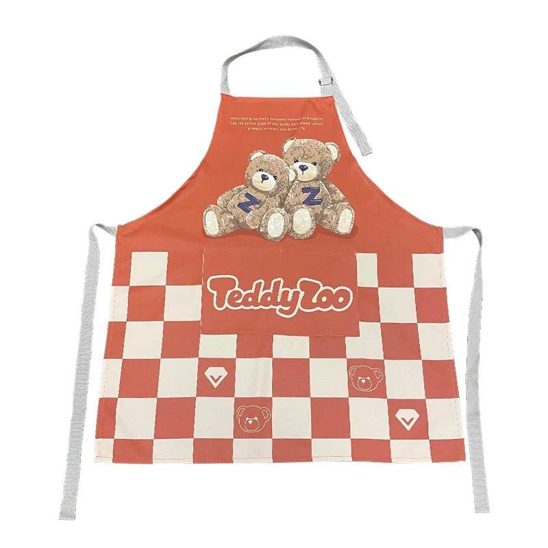 2024Cute Bear Printing Cotton Linen Bib Aprons for Baking Cooking Gardening