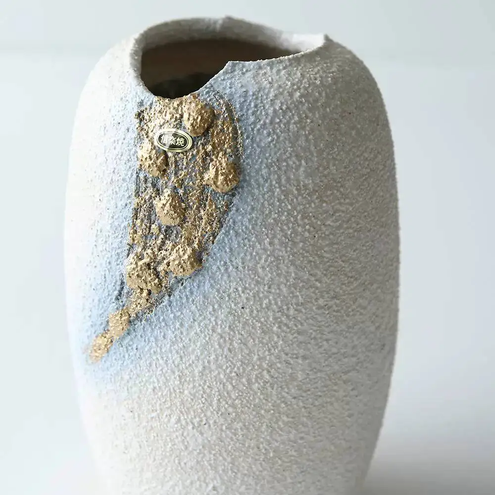 Japanese Imported White And Gold Rough Pottery Vase, Shigaraki Ware, Handmade Vess, Desktop Art Ornament, High-End Flower