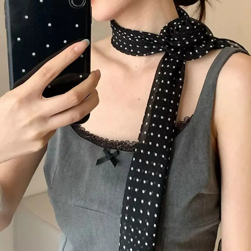 Elegant Rose Flower Long Satin Scarf Pure Color Kerchief Chiffon Neckerchief Soft Collar Decoration Chiffon Scarves