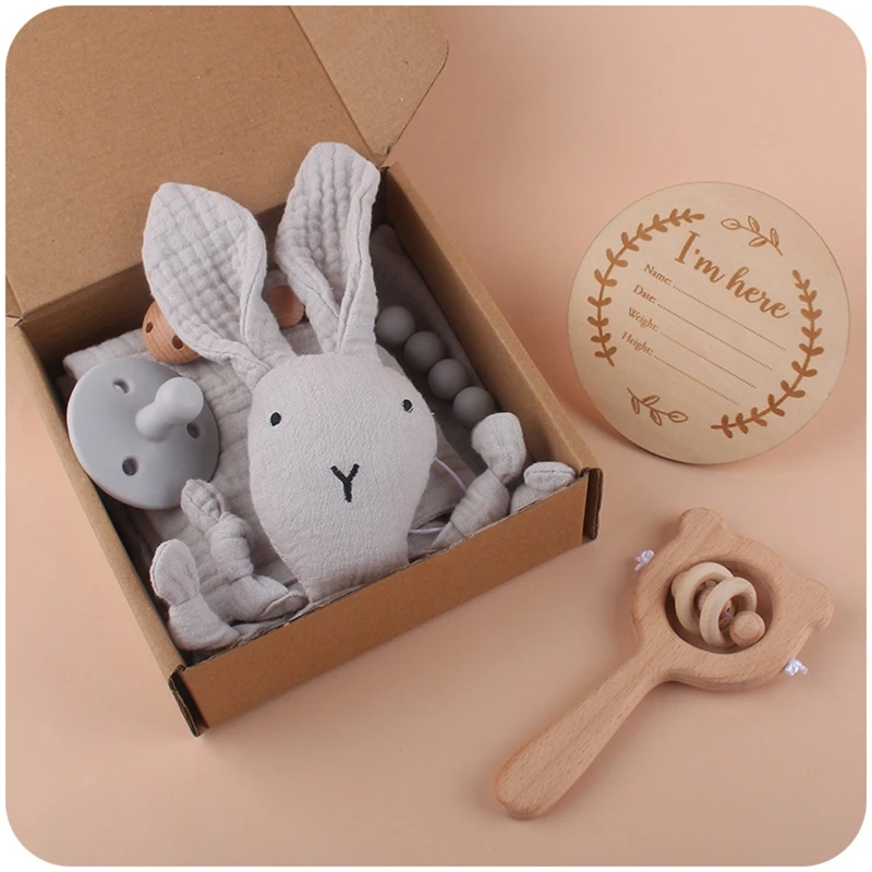 Baby Gift Set Rabbit Appease Towel Baby Pacifier Teether Pacifier Chain Memorial Card Bib for Infant Baby Boys Girls D5QF