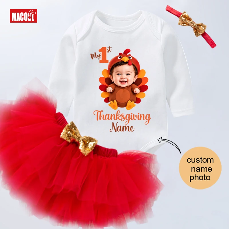 Personalized 1st Thanksgiving Outfit Custom photo name Set Turkey Bodysuit Tutu Skirt Infant Toddler Baby Onesies Party Clothes