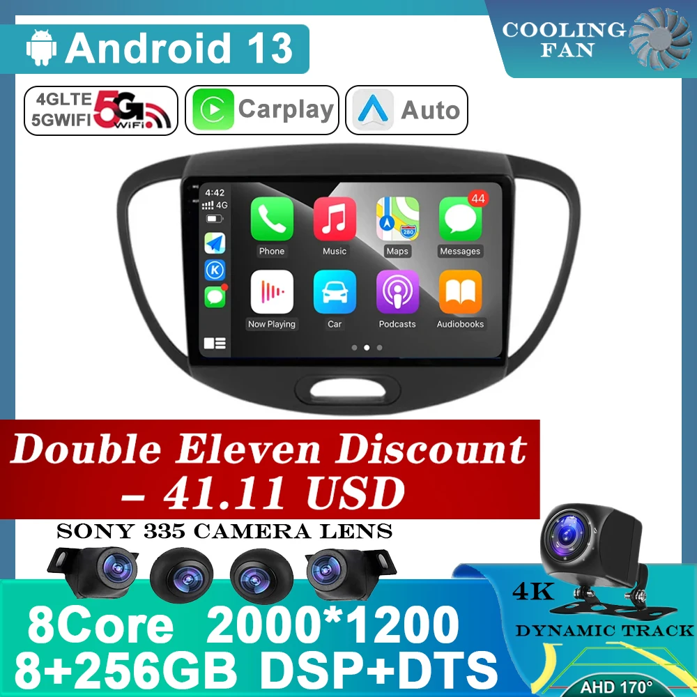 

9"Android 13 Carplay Auto For Hyundai i10 2007 2008 2009 2010-2013 2 Din Car Multimedia Stereo Player GPS Navigation Wifi FM 4G