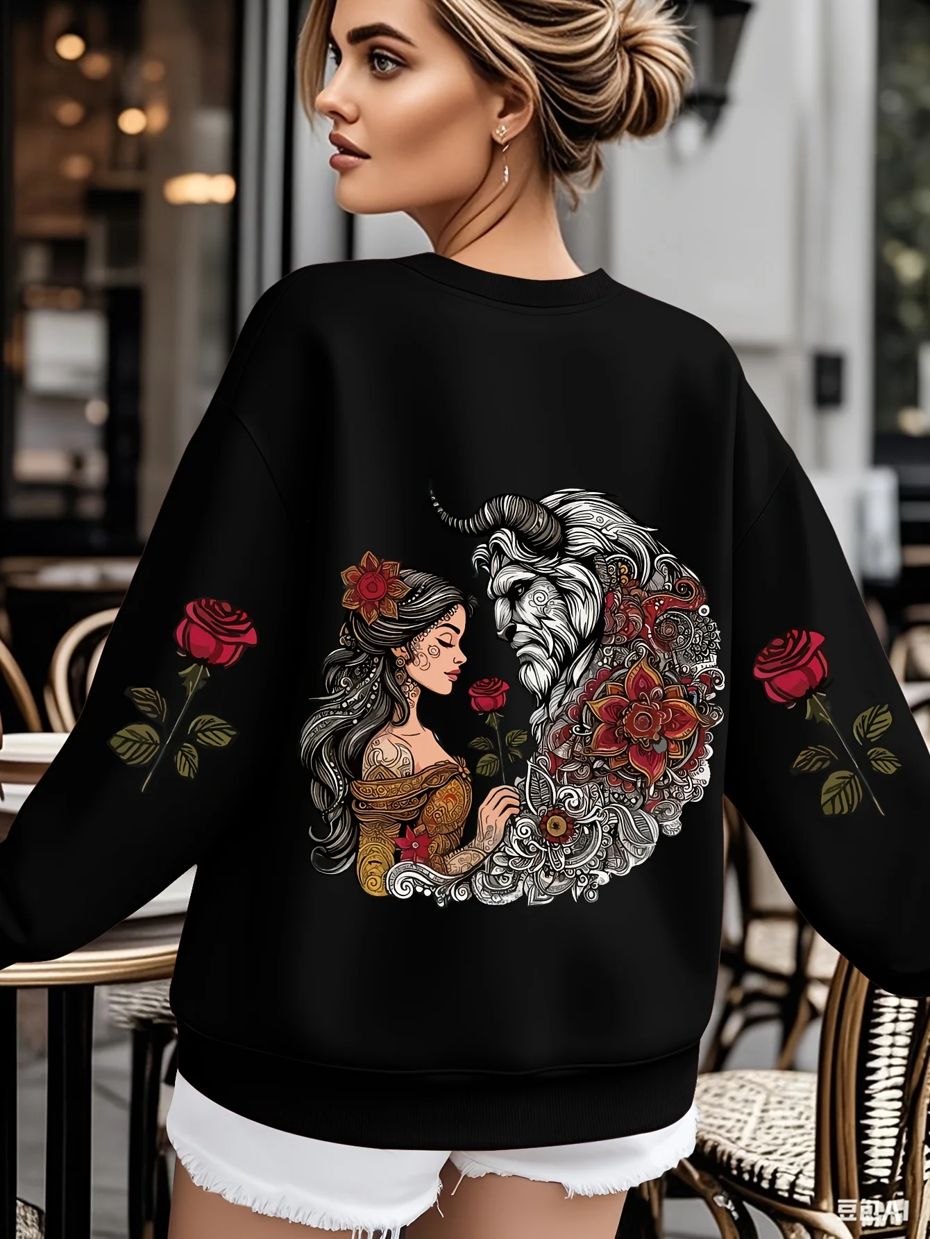 Disney Women's Beauty and The Beast Pattern Sweatshirt Spring and Autumn Fleece Sweatshirt Everyday Outdoors for Any Occasion