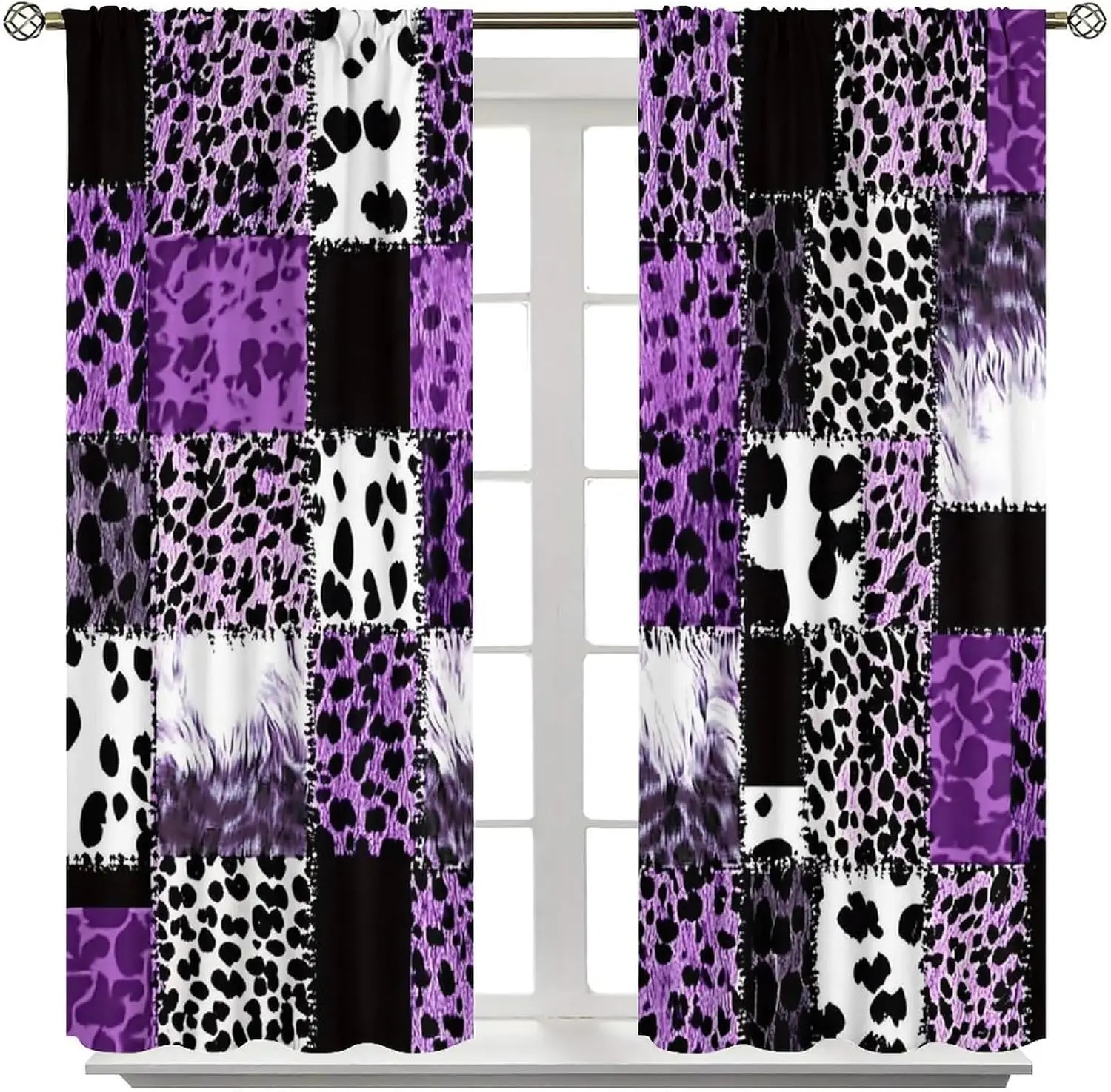 Wildlife Animal Print Curtains Brown Leopard Purple Patchwork Giraffe Zebra Cheetah Pattern Window Drapes Living Room Bedroom