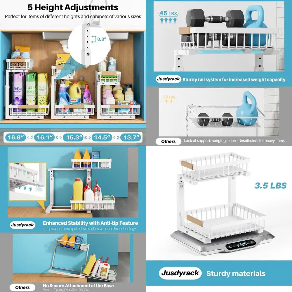 

Compact Dual-Tier Slide-Out Under-Sink Storage Rack, Adjustable Height, Durable Metal, White