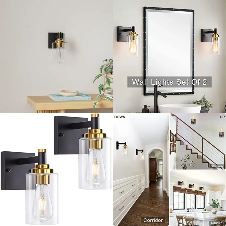 

Black and Gold Wall Sconces Set of Two Bathroom Light Fixtures Brass Sconces Wall Lighting Modern Wall Light Fixtures with Glas