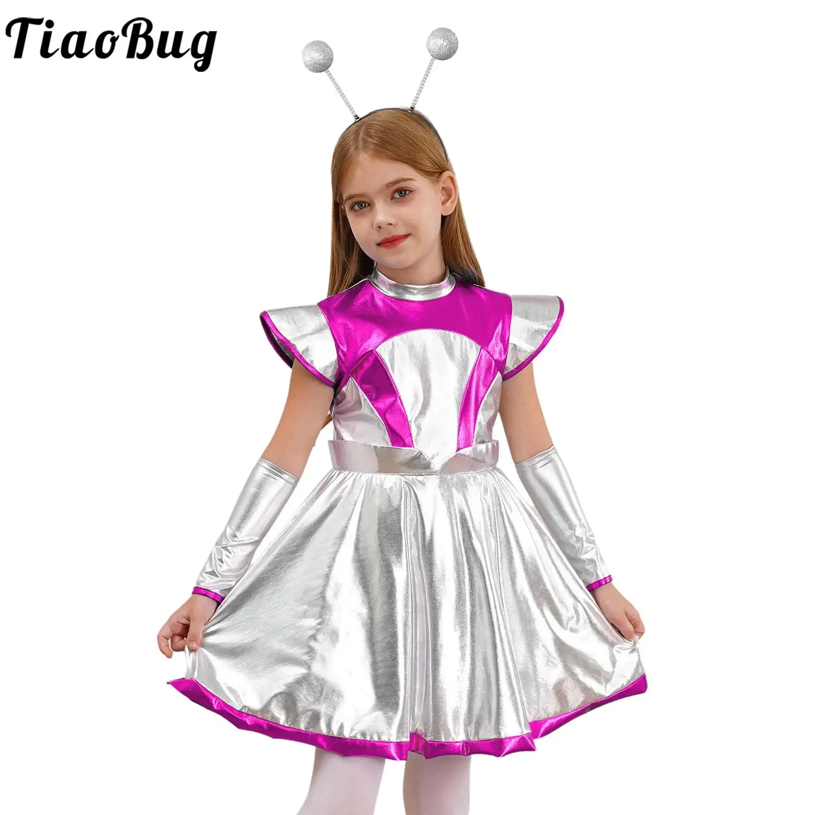 Girls Alien Costume Kids Outer Space Man Robot Alien Metallic Shiny Dress with Arm Sleeve Hair Hoop Halloween Theme Party Outfit