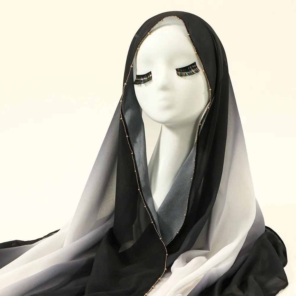 

Модный градиентный двойной цветной шарф в этническом стиле, золотые бусины, длинный платок, цепочка с бусинами, бандана, исламский тюрбан для женщин