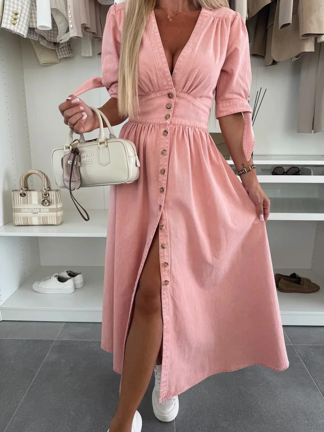 فساتين نسائية طويلة برقبة على شكل V وصدر واحد فساتين صيفية بأكمام قصيرة وأربطة من قماش الدنيم فساتين حفلات عتيقة