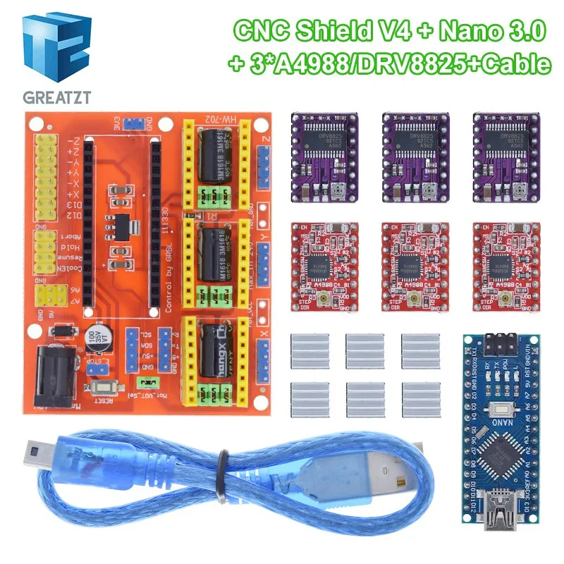 GREATZT 1Set 3DV4 CNC Shield V4 with Nano 3.0 And 3pcs DRV8825/A4988 Stepper Driver Board for Arduino