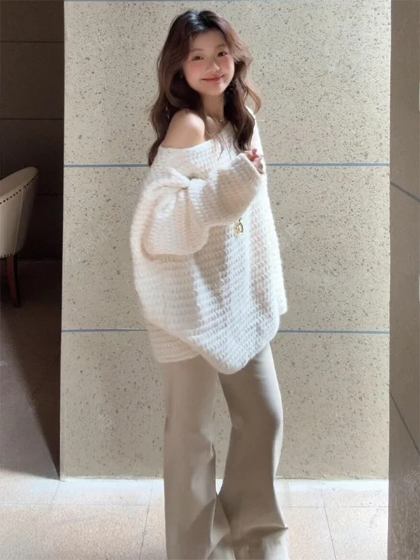 

Корейский вязаный свитер в стиле Sweet Personality Lazy Style с открытыми плечами, женский, свободный, универсальный, мягкий, уютный, осенне-зимняя новинка