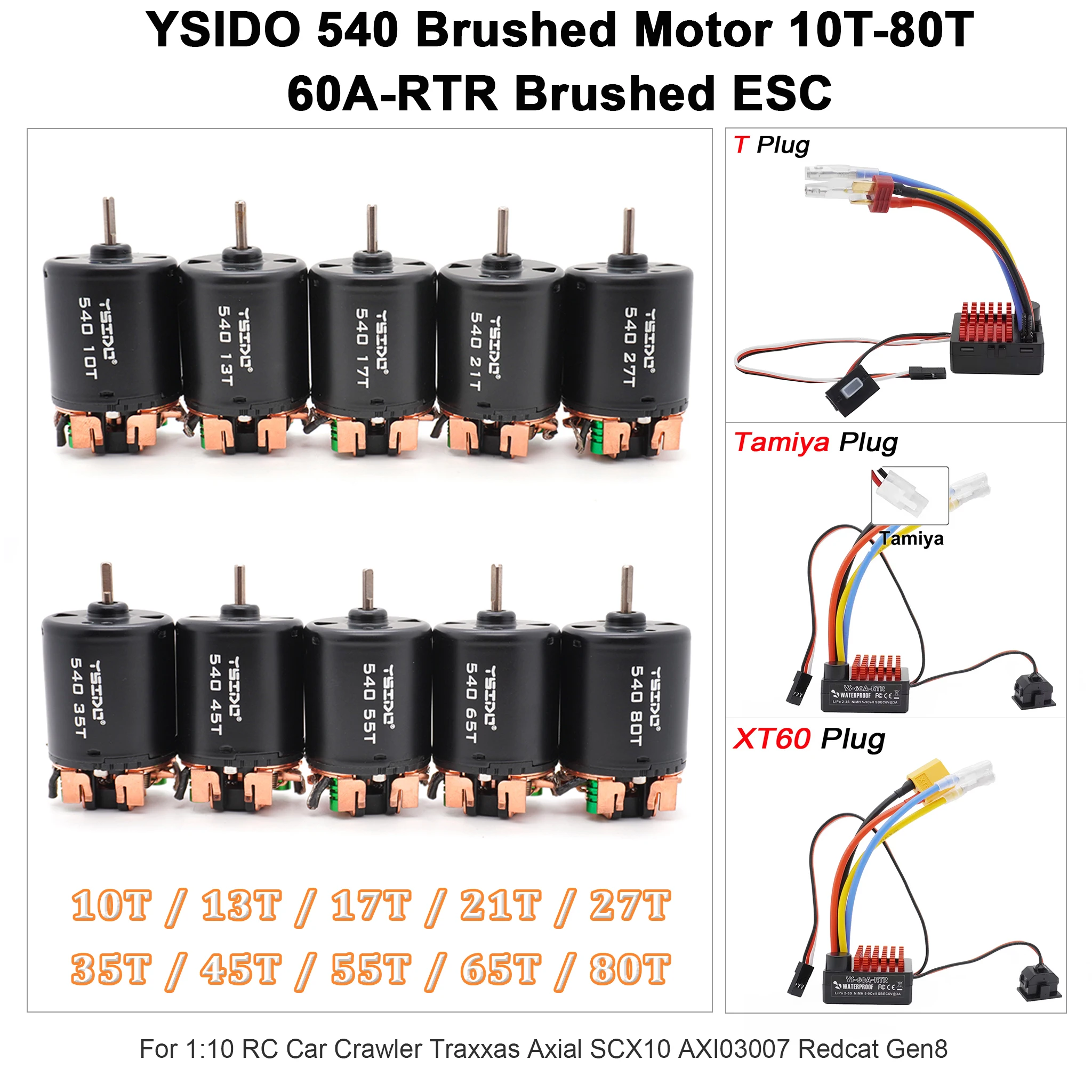 YSIDO 540 Brushed Motor 10T-80T & 60A-RTR Brushed ESC XT60 Tamiya T Plug Combo For 1:10 RC Crawler Axial SCX10 Redcat Gen8