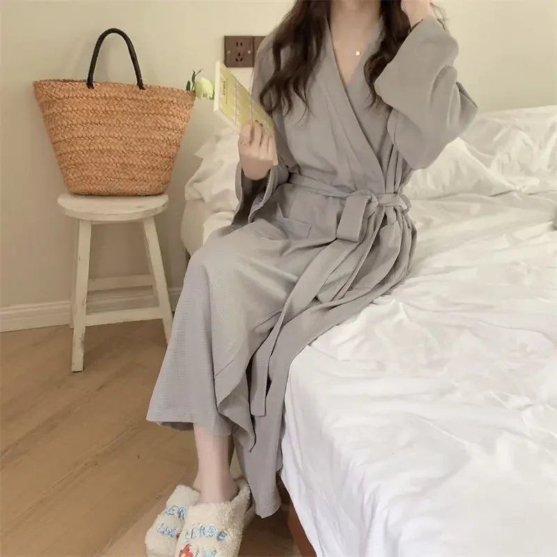 Long Robes Women Solid Simple Casual Fit Comfortable Breathable Homewear Pockets Elegant Korean Style  Sleeve Leisure Robe