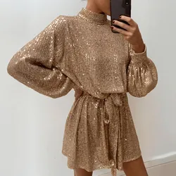 Women Evening Dress V Neck Long Sleeve Shiny Sequin Belted Tight Waist Irregular Hem Solid Color Party Club Bodycon Mini Dress