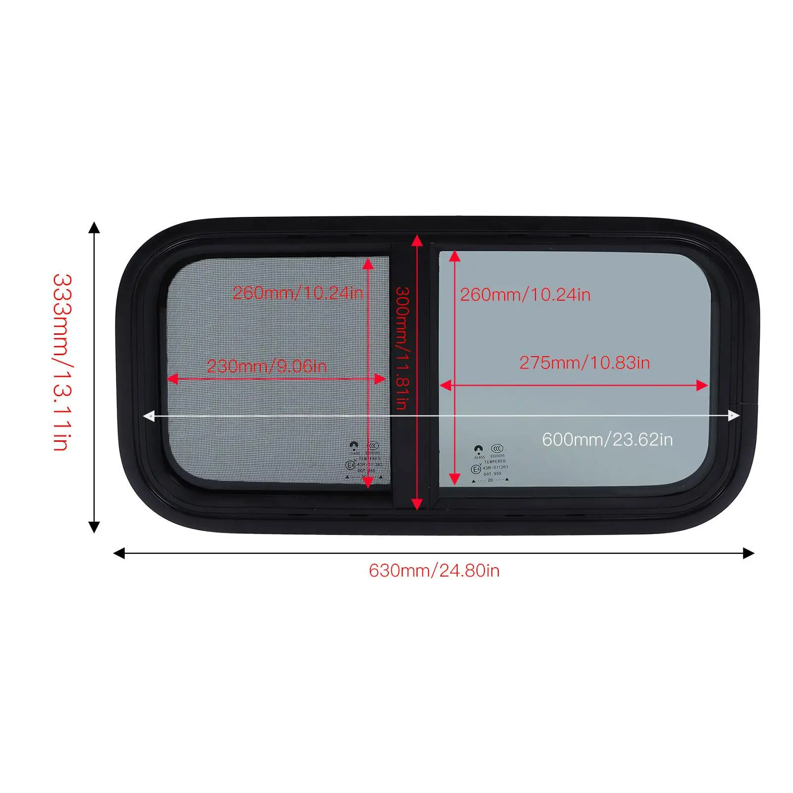 600x300mm RV Window with Screen Vertical Horizontal Sliding for campers Trailers Construction Vehicles