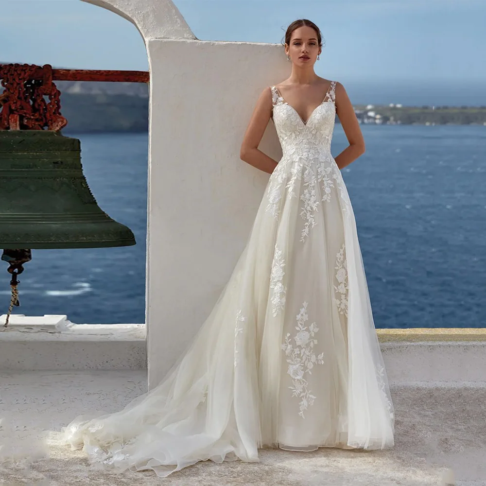 فستان زفاف كلاسيكي للمرأة العروس مخصص الخامس الرقبة بلا أكمام عودة زيبر سويب تراين تول ألف خط بوهو فستان زفاف
