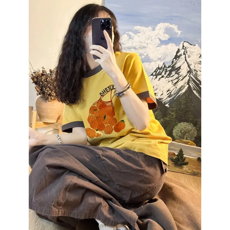 Women's Vintage Orange Print Ringer Crew Neck Short Sleeve T-shirt Casual Loose Cotton Top