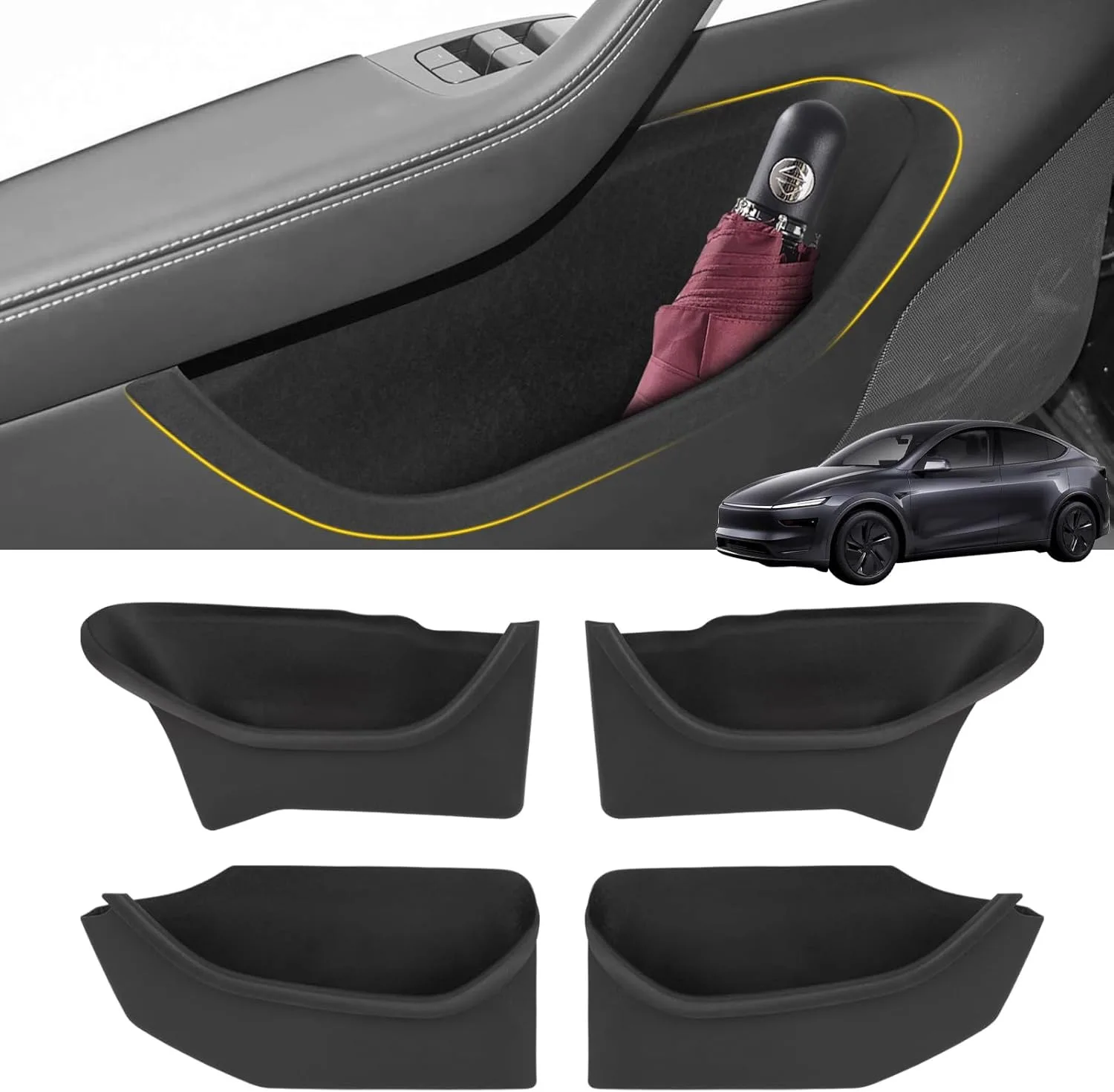 

4 шт. ящик для хранения бокового кармана на дверь, совместимый с аксессуарами Tesla Model Y Juniper 2025 2026, лоток-органайзер на переднюю и дверь