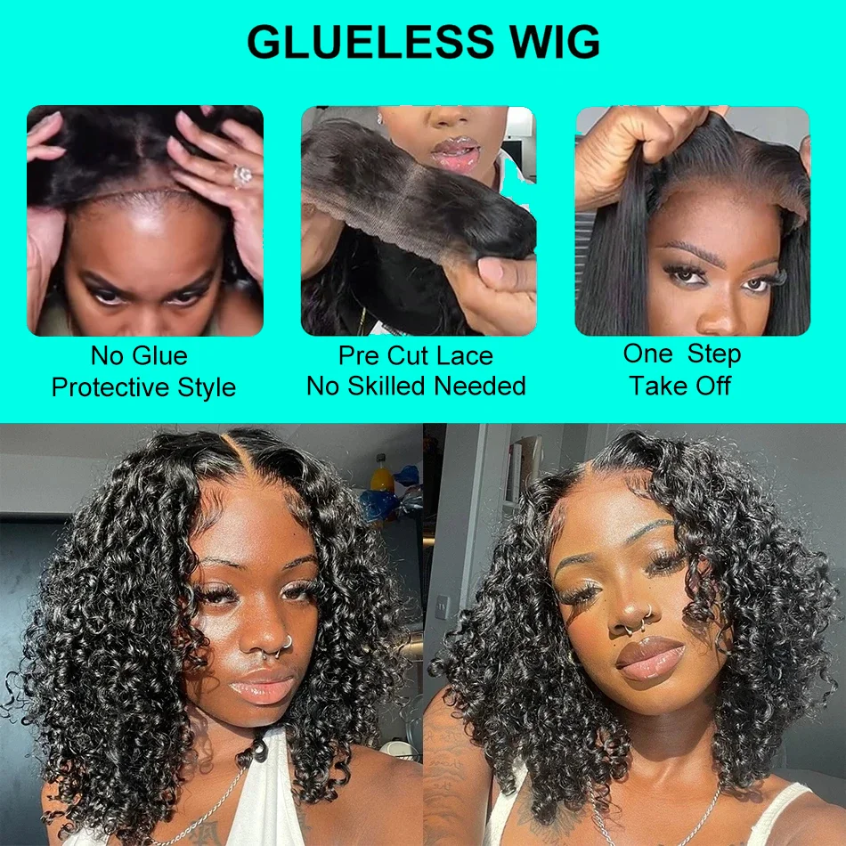 วิกผมเจอร์รี่เคอร์ลี่บ็อบ 13x4 ผ้าลูกไม้ระบายอากาศ ผมนุ่มและหนา ถอนขนมาแล้ว ไม่ต้องใช้กาว ติดตั้งง่ายใน 3 วินาที สำหรับมือใหม่