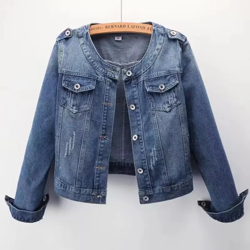 2025 New Autumn Women Denim Jacket Long Sleeve Casual Jeans Jacket Bomber Vintage Round Neck Short Jacket Outerwear Female Tops