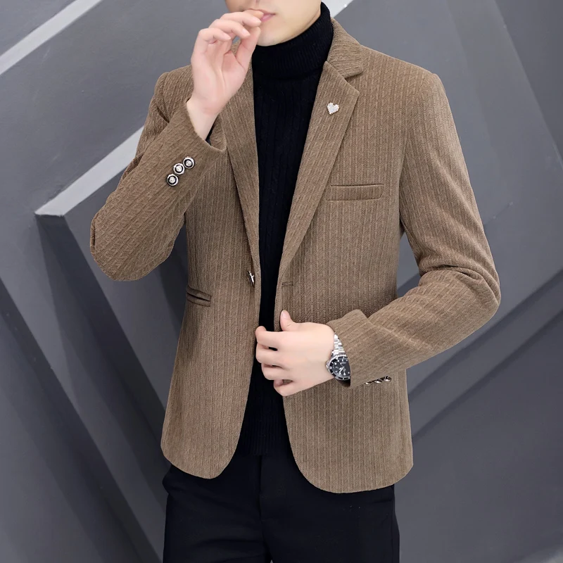 2023High-quality Suit Men's Coat Thick Plaid Korean Version Trend Small Suit Autumn and Winter Slim Youth Handsome Casual Jacket